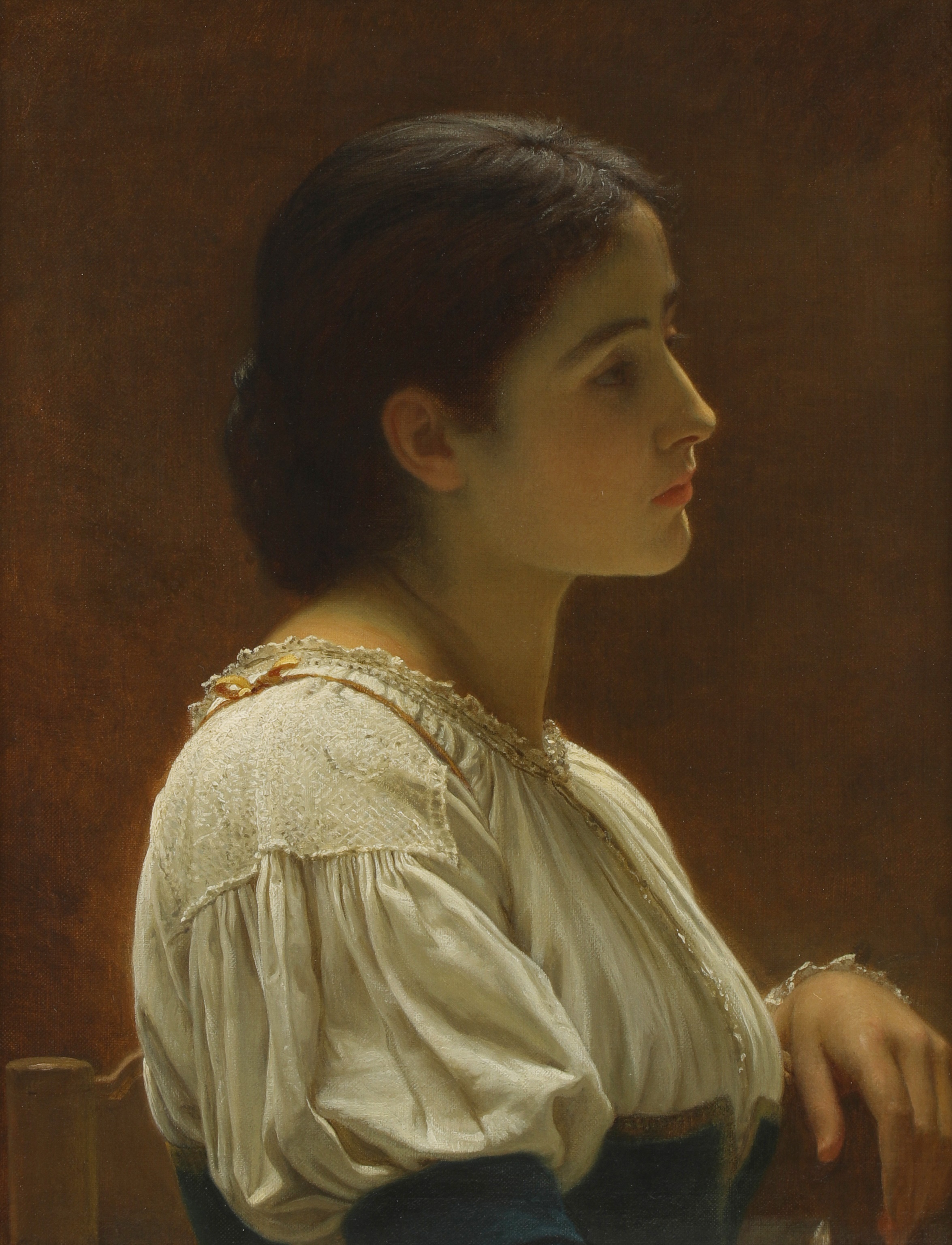 Charles Edward Perugini (1839-1918) Portrait of a girl seated on a chair, bust-length in profile, in a blue dress and white blouse initialled 'CP' l.l., oil on canvas 43.5 x 33.5cm (Sold for £35,100)